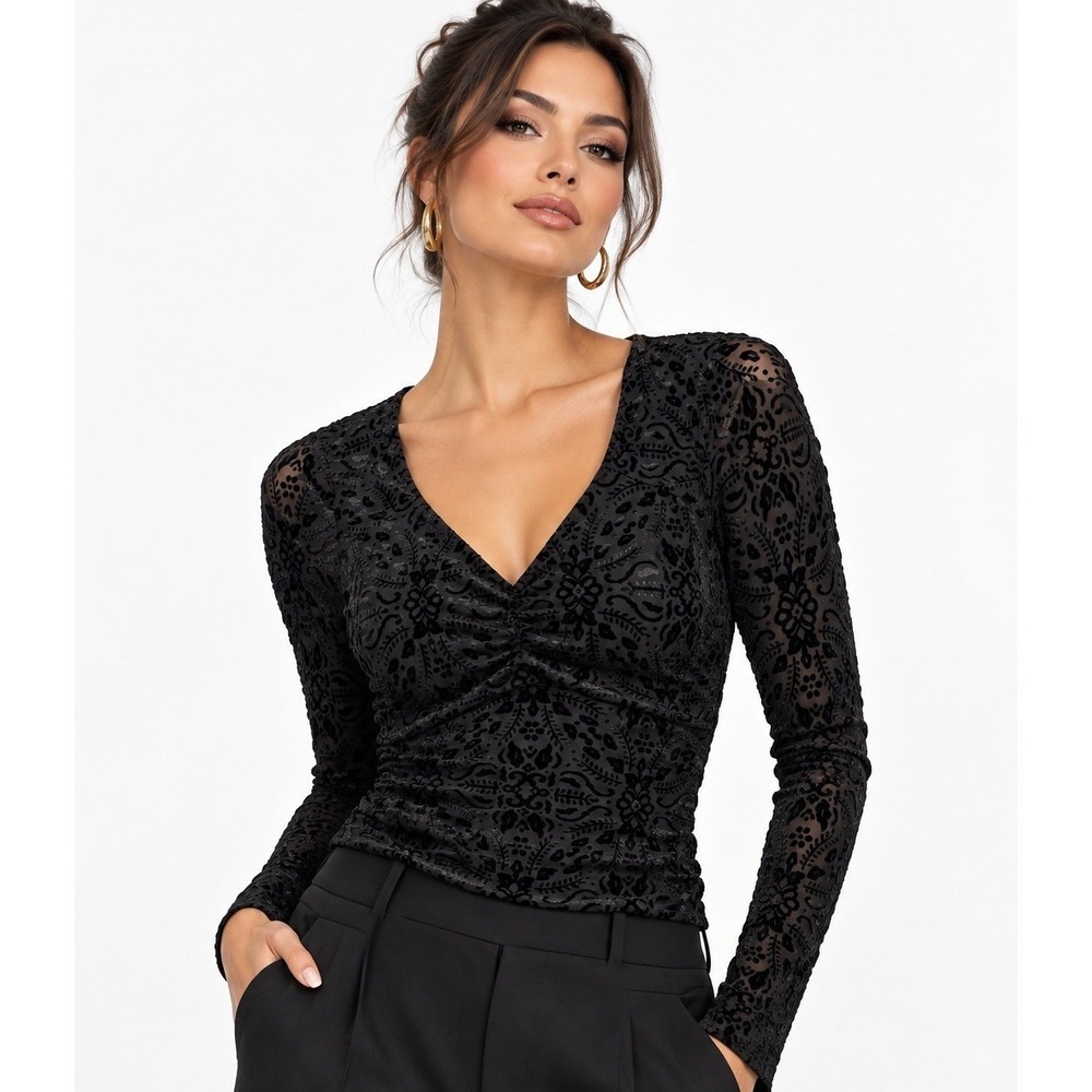 Les Serein Black Burnout Velvet Damask Floral Long Sleeve‎ Top Size S NWT